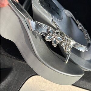 Nina Silver Floral Embellished Wedges